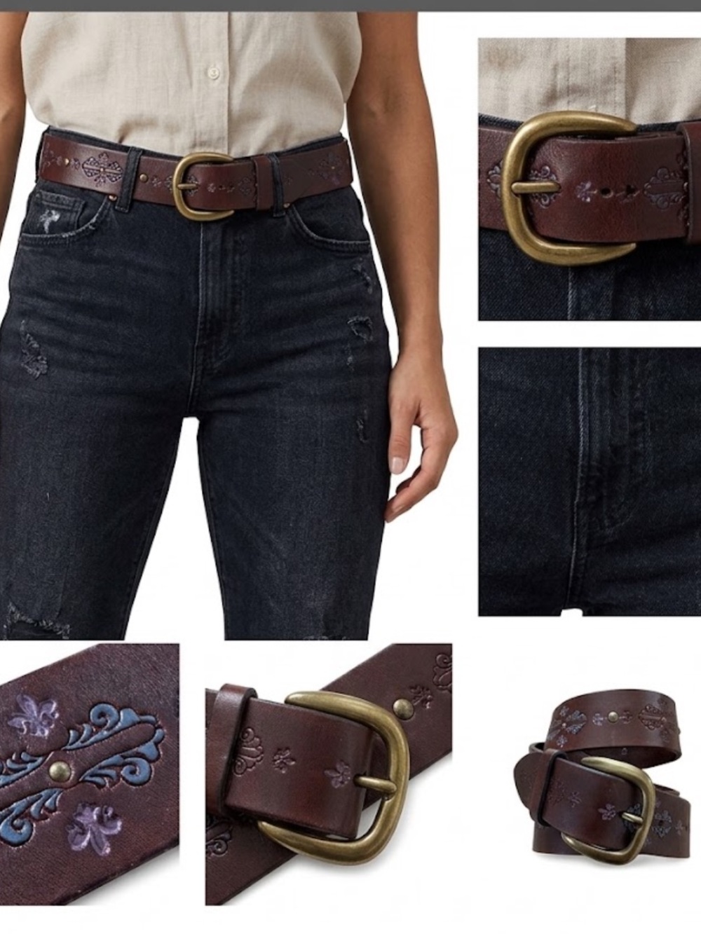 Liz Claiborne Brown Embossed Boho Leather Belt with Brass Buckle Medium